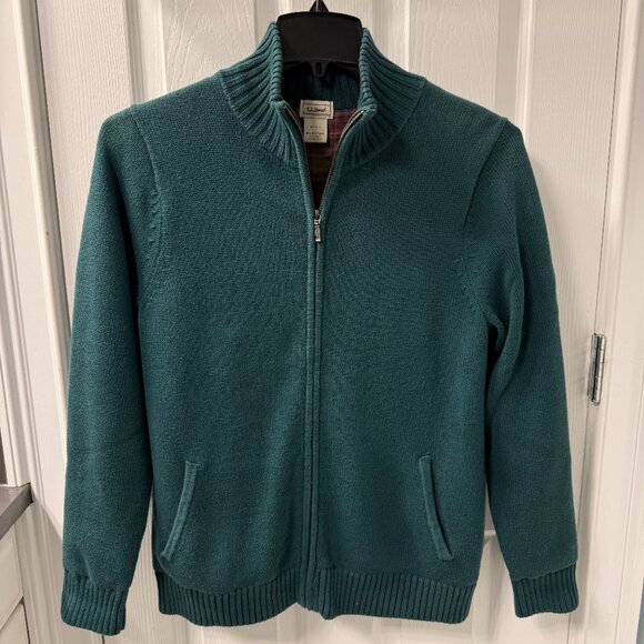 Vintage 90s L.L. Bean Flannel Lined Full Zip Cardigan Sweater Green Size Large - Picture 1 of 9